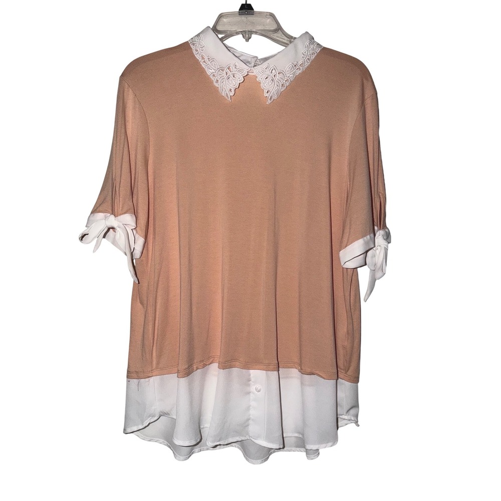 Misia Peach Lace Collar Layered Button‎ Front Shirt Top Women XL